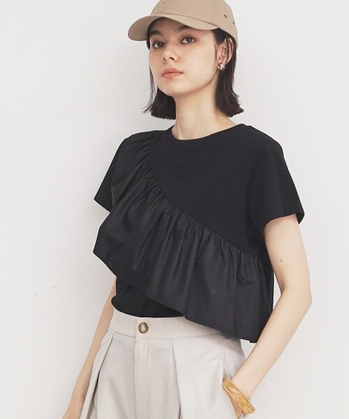 THE SHOP TK (ザ ショップ ティーケー )の「◆【UV/接触冷感/洗濯OK/毛玉になりにくい】アシメフリルプルオーバー(Tシャツ/カットソー・レディース・ブラック/オフホワイト・12/11/13)」の5枚目の写真