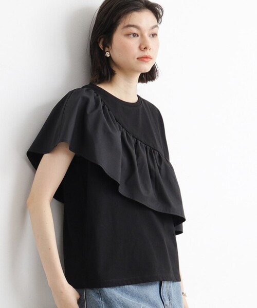 THE SHOP TK (ザ ショップ ティーケー )の「◆【UV/接触冷感/洗濯OK/毛玉になりにくい】アシメフリルプルオーバー(Tシャツ/カットソー・レディース・ブラック/オフホワイト・12/11/13)」の1枚目の写真