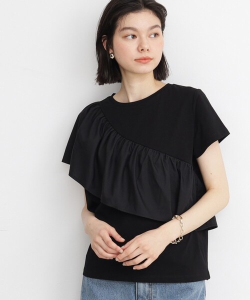 THE SHOP TK (ザ ショップ ティーケー )の「◆【UV/接触冷感/洗濯OK/毛玉になりにくい】アシメフリルプルオーバー(Tシャツ/カットソー・レディース・ブラック/オフホワイト・12/11/13)」の3枚目の写真