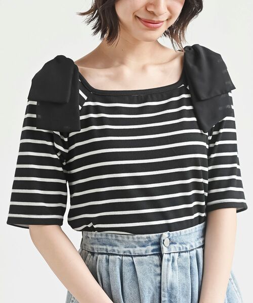 rps(アールピーエス)の「肩リボンスクエアネックカットソー(Tシャツ/カットソー・レディース・その他/ブラック/オフホワイト/グレー・フリー)」の4枚目の写真