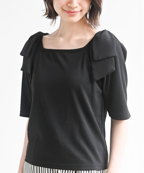 rps(アールピーエス)の「肩リボンスクエアネックカットソー(Tシャツ/カットソー・レディース・その他/ブラック/オフホワイト/グレー・フリー)」の1枚目の写真