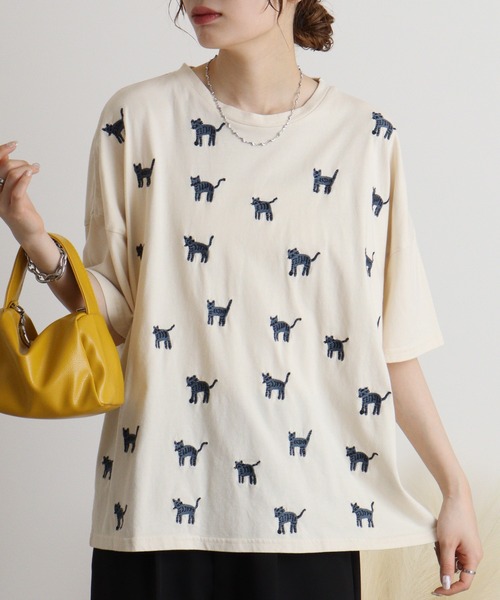 EMAGO しましま柄のネコ刺繍Tシャツ（Tシャツ/カットソー