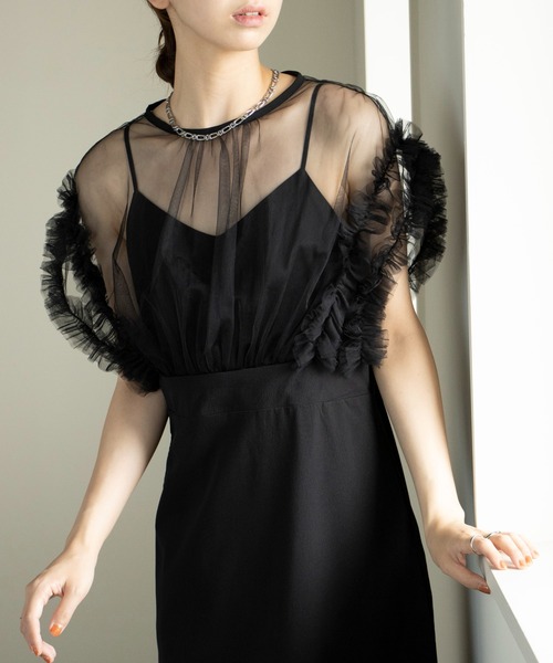 MAISON BREEZE(メゾンブリーズ)の「【MAISON BREEZE】チュール×クレープ ドッキングフリルワンピース 224-487-3466 DTK(ワンピース・レディース・グレイッシュベージュ/ブラック/グレー・FREE)」の8枚目の写真