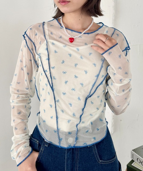 SOLLON.（ソルロン）の「アウトリンキングリボンプリントシアートップス（Tシャツ/カットソー・レディース・レッド/ライトブルー・FREE）」の5枚目の写真