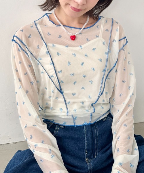 SOLLON.（ソルロン）の「アウトリンキングリボンプリントシアートップス（Tシャツ/カットソー・レディース・レッド/ライトブルー・FREE）」の6枚目の写真