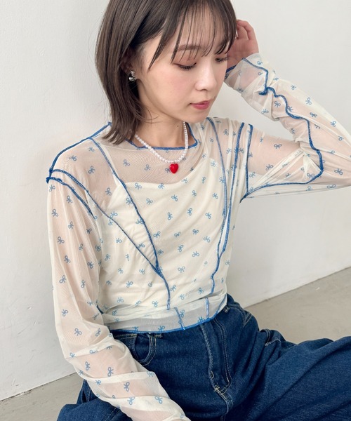 SOLLON.（ソルロン）の「アウトリンキングリボンプリントシアートップス（Tシャツ/カットソー・レディース・レッド/ライトブルー・FREE）」の7枚目の写真