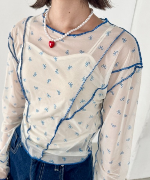 SOLLON.（ソルロン）の「アウトリンキングリボンプリントシアートップス（Tシャツ/カットソー・レディース・レッド/ライトブルー・FREE）」の10枚目の写真