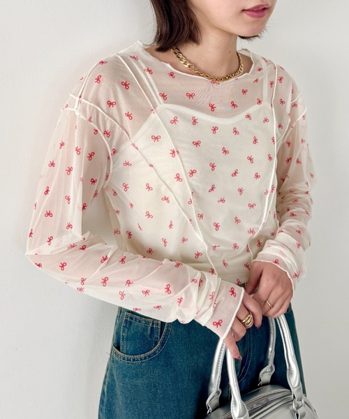 SOLLON.（ソルロン）の「アウトリンキングリボンプリントシアートップス（Tシャツ/カットソー・レディース・レッド/ライトブルー・FREE）」の11枚目の写真