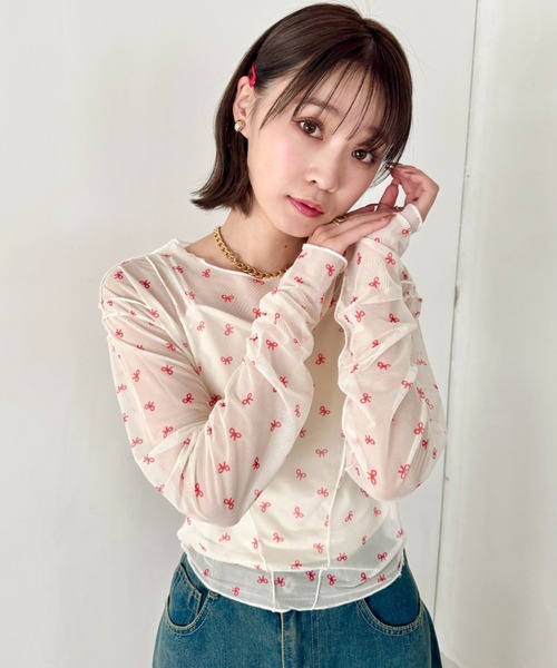 SOLLON.（ソルロン）の「アウトリンキングリボンプリントシアートップス（Tシャツ/カットソー・レディース・レッド/ライトブルー・FREE）」の14枚目の写真