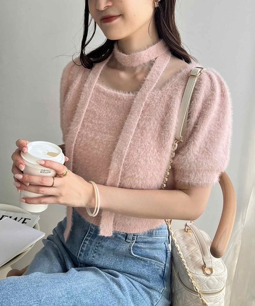 one after another NICE CLAUP（ワンアフターアナザーナイスクラップ）の「チョーカーセットフェザーニット（ニット/セーター・レディース・チャコール/オフホワイト/モカ/ピンク・FREE）」の4枚目の写真