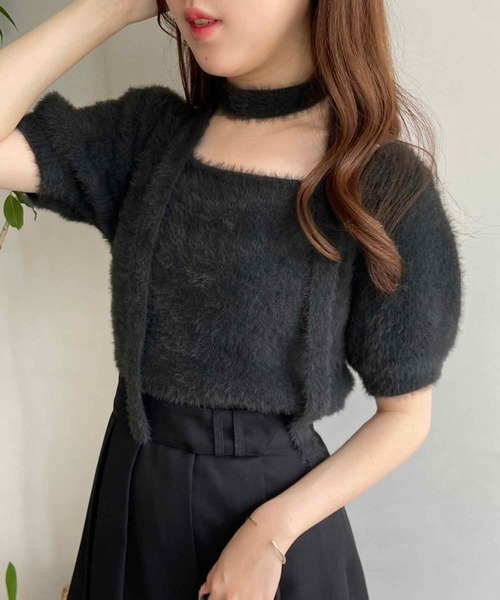 美品 [鏡] 長袖 ニット ドッキングレザーフェイクファー オールブラック フェイクレザーステンカラーブルゾン|allureville OFFICIAL SITE