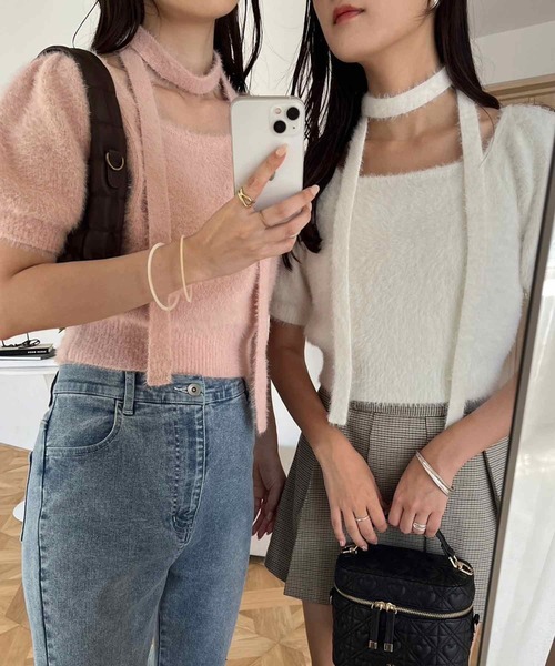 one after another NICE CLAUP（ワンアフターアナザーナイスクラップ）の「チョーカーセットフェザーニット（ニット/セーター・レディース・チャコール/オフホワイト/モカ/ピンク・FREE）」の13枚目の写真