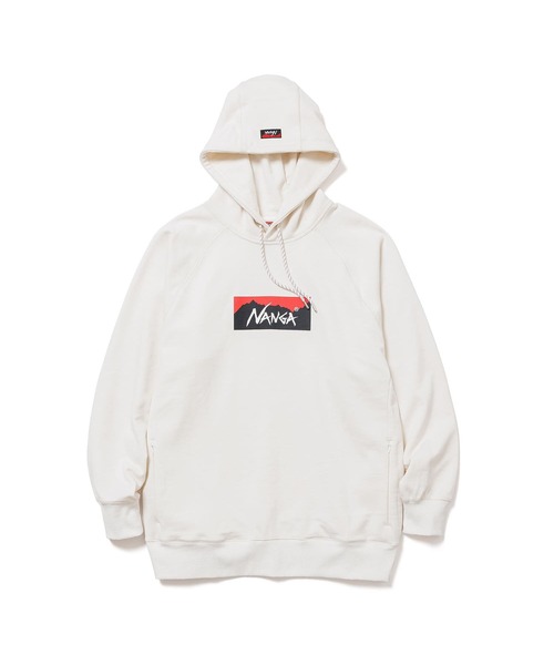 NANGA（ナンガ）の「ECO HYBRID BOX LOGO SWEAT HOODIE/エコハイブリッド ボックスロゴ スウェットフーディー（パーカー・メンズ・ライトグレー/オートミール/セージグリーン/ブラック/ホワイト/ブラック系その他/オレンジ・S/M/L/XL）」の2枚目の写真