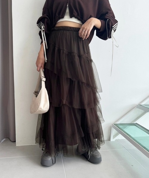one after another NICE CLAUP（ワンアフターアナザーナイスクラップ）の「チュールロングスカート（スカート・レディース・アイボリー/ブラウン/ベージュ/ライトグレー/チャコールグレー・FREE）」の12枚目の写真