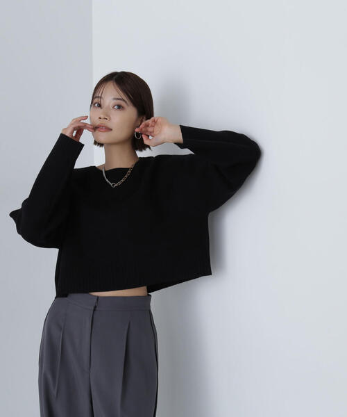 NATURAL BEAUTY BASIC（ナチュラルビューティーベーシック）の「◇ダブルジャガードクロップドニット（ニット/セーター・レディース・ブラック/グレー/オフホワイト/レッド・FREE）」の7枚目の写真