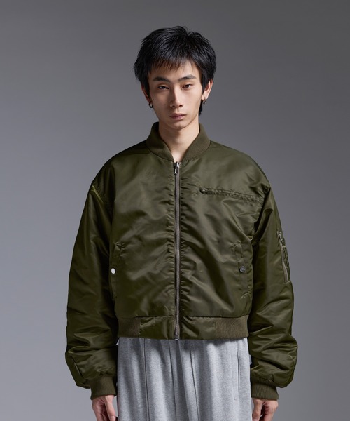 Kapital 短丈 MA-1 スマイルジャケット Kapital MA-1 Nylon x Crack Leather Sham Bomber Jacket - Khaki
