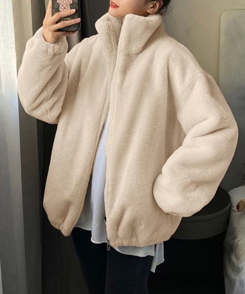 Miniministore(ミニミニストア)の「スタンドカラーボアジャケット レディース(ブルゾン・レディース・グレー/ベージュ/オフホワイト/ブラック・FREE)」の14枚目の写真