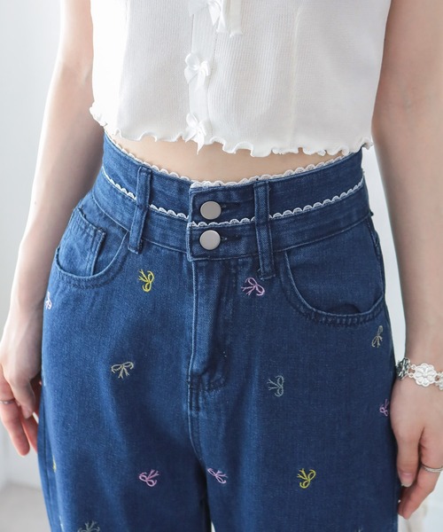 pumpkin port(パンプキンポート)の「カラフルリボン刺繍 デニムワイドパンツ(その他パンツ・レディース・ブルー・S/M/L)」の7枚目の写真