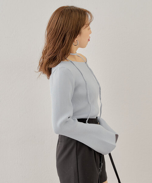 Chico（チコ）の「紐付きワンショル袖フレアニット（ニット/セーター・レディース・ネイビー/ブルー系その他/グレー/アイボリー・FREE）」の8枚目の写真