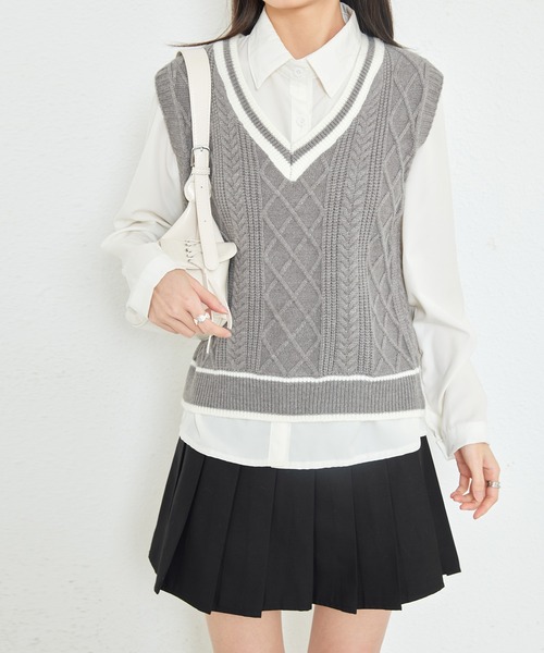 MAISON DE THERESE（メゾン ド テレーズ）の「ニットバイカラーベスト（ベスト・レディース・モカ/ネイビー/ブラック/アイボリー/ブラウン系その他/グレー・FREE）」の3枚目の写真