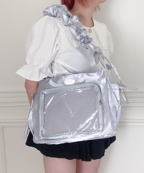 SHEPP（シープ）の「ギャザー ショルダー 痛バッグ クリア リボン（ショルダーバッグ・レディース・ホワイト/ブラック/ピンク/シルバー/ブルー・F）」の10枚目の写真