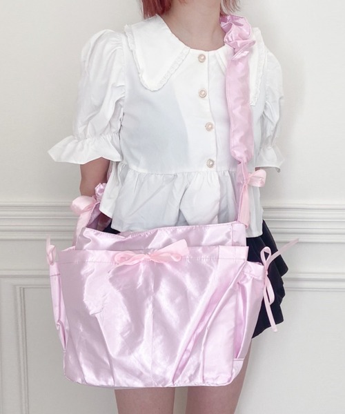 SHEPP（シープ）の「ギャザー ショルダー 痛バッグ クリア リボン（ショルダーバッグ・レディース・ホワイト/ブラック/ピンク/シルバー/ブルー・F）」の11枚目の写真