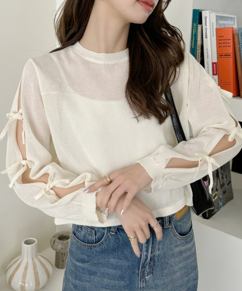 Ada.(エイダ)の「シアー リボン カットアウト デザイン ニット(ニット/セーター・レディース・アイボリー/ブラック/ベージュ・FREE)」の18枚目の写真