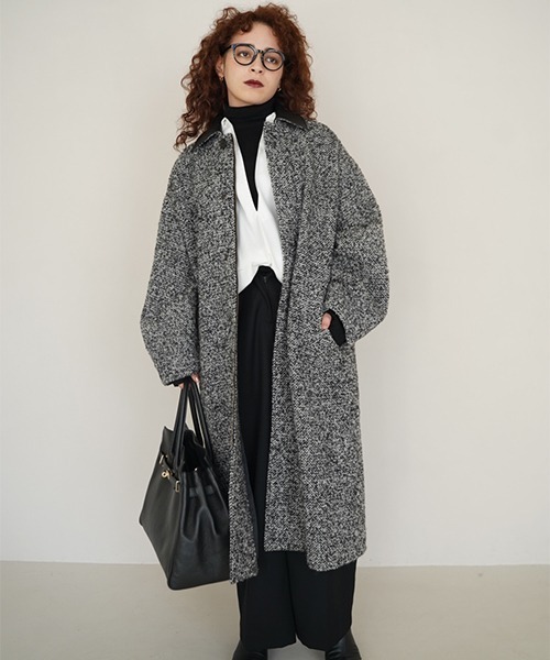 CREDONA（クレドナ）の「TWEED LONG COAT/ツイードロングコート（ステンカラーコート・レディース・ブラック・1/0）」の3枚目の写真