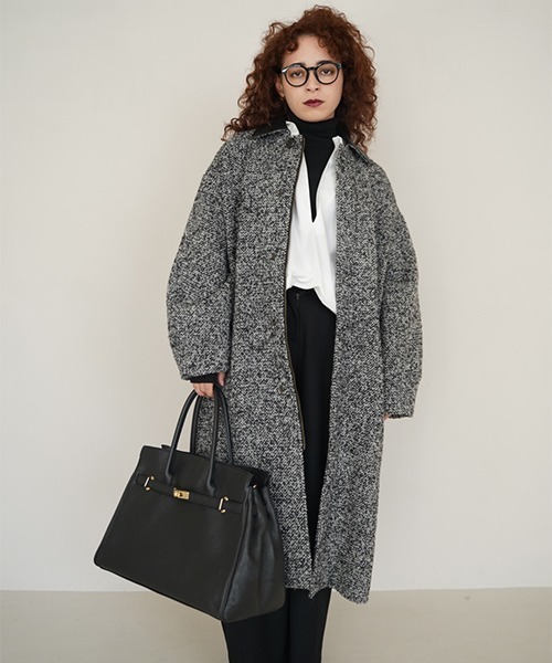 CREDONA（クレドナ）の「TWEED LONG COAT/ツイードロングコート（ステンカラーコート・レディース・ブラック・1/0）」の8枚目の写真