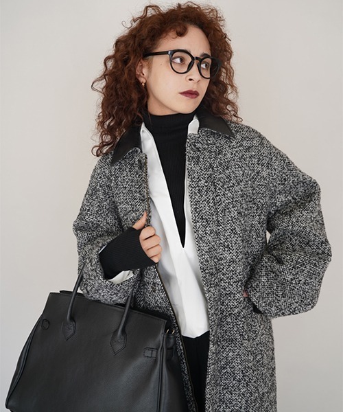 CREDONA（クレドナ）の「TWEED LONG COAT/ツイードロングコート（ステンカラーコート・レディース・ブラック・1/0）」の10枚目の写真