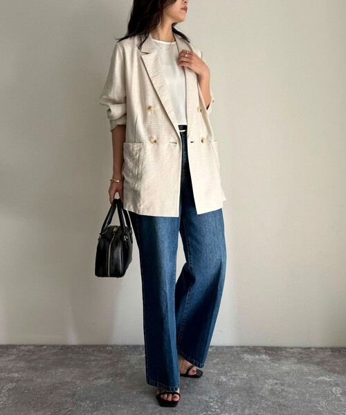 fredy emue（フレディエミュ）の「《セットアップ対応》リネン混スラブツイルダブルジャケット（テーラードジャケット・レディース・ベージュ/ネイビー・38）」の12枚目の写真