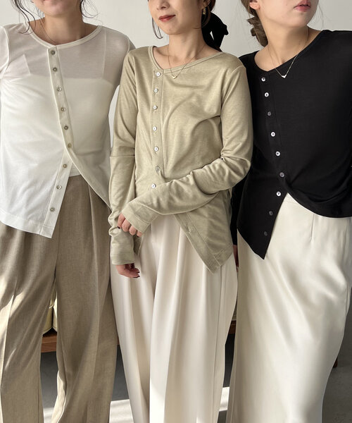 CAPRICIEUX LE'MAGE（カプリシューレマージュ）の「アシメボタンカーデ風ロンT（Tシャツ/カットソー・レディース・グリーン/ホワイト/ブラック・FREE）」の4枚目の写真