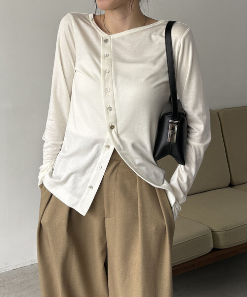 CAPRICIEUX LE'MAGE（カプリシューレマージュ）の「アシメボタンカーデ風ロンT（Tシャツ/カットソー・レディース・グリーン/ホワイト/ブラック・FREE）」の12枚目の写真