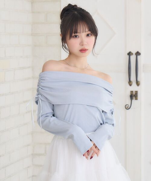 ems excite(エムズエキサイト)の「リボン付きオフショルCT(Tシャツ/カットソー・レディース・ブルー/ピンク/チャコールグレー・FREE)」の16枚目の写真