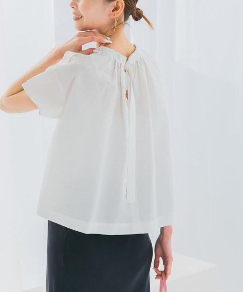 URBAN RESEARCH ROSSO WOMEN（アーバンリサーチ　ロッソ）の「シアサッカーショートギャザーブラウス（シャツ/ブラウス・レディース・ブラック/グリーン/ホワイト・FREE）」の6枚目の写真