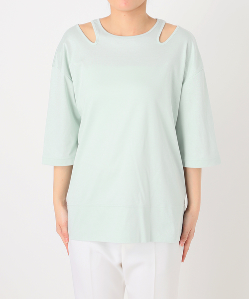 Room no.8(ルームエイト)の「Room no.8/ルームエイト スムースコットンネックオープントップス(Tシャツ/カットソー・レディース・グリーン/ベージュ/ブラック/ホワイト・FREE)」の8枚目の写真