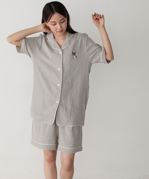 forksy.】コットンダブルガーゼ DOG刺繍パジャマ / ルームウェアセット