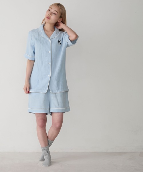 forksy.】コットンダブルガーゼ DOG刺繍パジャマ / ルームウェアセット