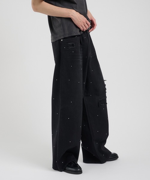 Perushu（ペルーシュ）の「クラッシュスタッズワイドルーズパンツ（デニムパンツ・メンズ・インディゴブルー/パープル/ブラック・LARGE/SMALL/MEDIUM）」の8枚目の写真