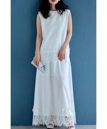 裾に浮かぶレースのカットソーとロングスカート2点セット【set】