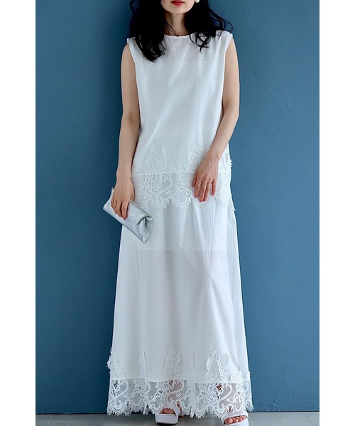 cawaii(カワイイ)の「裾に浮かぶレースのカットソーとロングスカート2点セット【set】(Tシャツ/カットソー・レディース・ホワイト・FREE)」の1枚目の写真