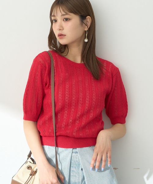 earth music&ecology(アースミュージックアンドエコロジー)の「透かしニットプルオーバー(Tシャツ/カットソー・レディース・アイボリー/ライトブルー/ブラック/レッド/ライトグレー・FREE)」の5枚目の写真