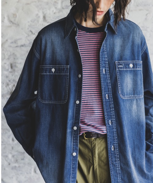 BEAMS PLUS(ビームスプラス)の「Pocket Tee Indigo Stripe(Tシャツ/カットソー・メンズ・オフホワイト/レッド/イエロー/グリーン・X-LARGE/SMALL/XX-LARGE/LARGE/MEDIUM)」の4枚目の写真