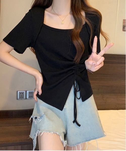 WEGO（ウィゴー）の「WEGO/シャーリングスクエアネック半袖トップス（Tシャツ/カットソー・レディース・ホワイト/ブラック/ブラウン・MEDIUM/LARGE）」の14枚目の写真