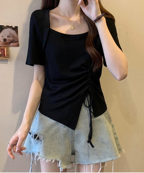 WEGO（ウィゴー）の「WEGO/シャーリングスクエアネック半袖トップス（Tシャツ/カットソー・レディース・ホワイト/ブラック/ブラウン・MEDIUM/LARGE）」の16枚目の写真