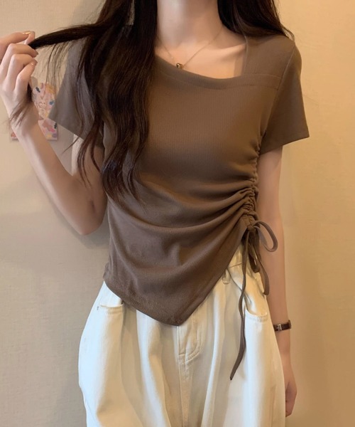 WEGO（ウィゴー）の「WEGO/シャーリングスクエアネック半袖トップス（Tシャツ/カットソー・レディース・ホワイト/ブラック/ブラウン・MEDIUM/LARGE）」の12枚目の写真