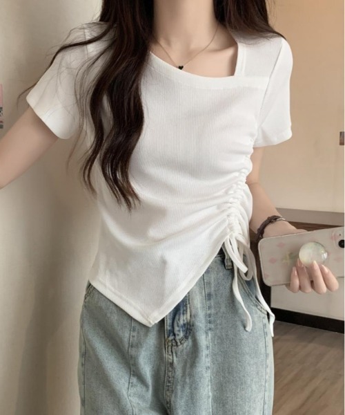 WEGO（ウィゴー）の「WEGO/シャーリングスクエアネック半袖トップス（Tシャツ/カットソー・レディース・ホワイト/ブラック/ブラウン・MEDIUM/LARGE）」の9枚目の写真