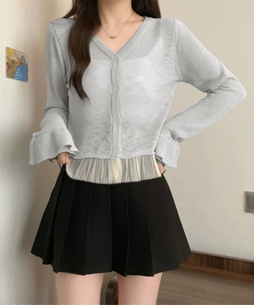 セール】ニットカーディガンフリル裾ニットトップス（カーディガン