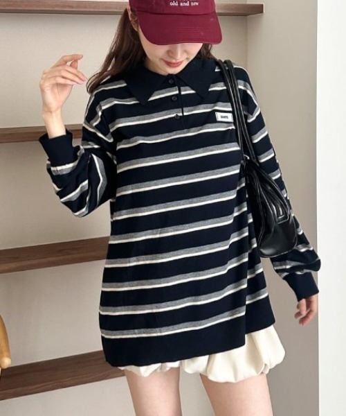 新色追加/4色展開/2025AWカタログ】ボーダーラガーポロニット（ニット