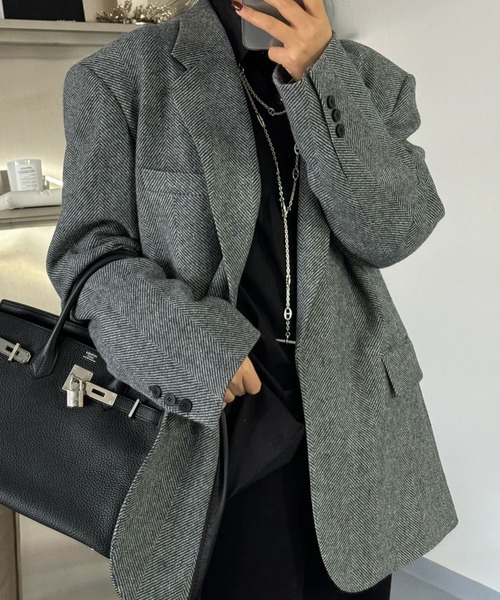 45R 縮絨 ヘリンボーン テーラードジャケット グレー サイズ2 ✨美品